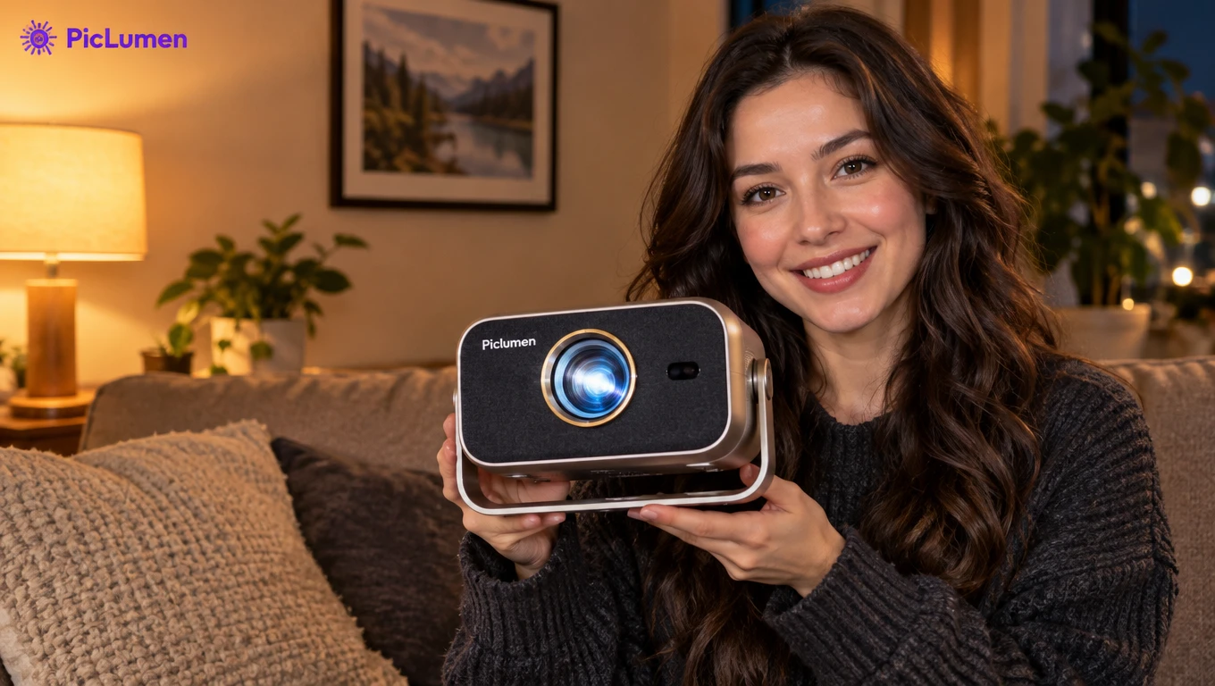 AI avatar showing a Piclumen projector in a cozy living room, UGC-style ad.
